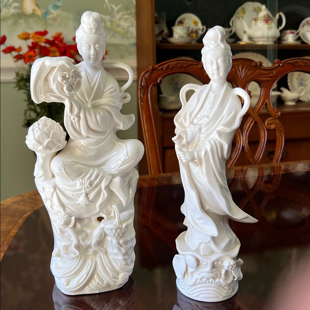 Two Antique Blanc De Chine Guanyin Porcelain Figurines Vintage